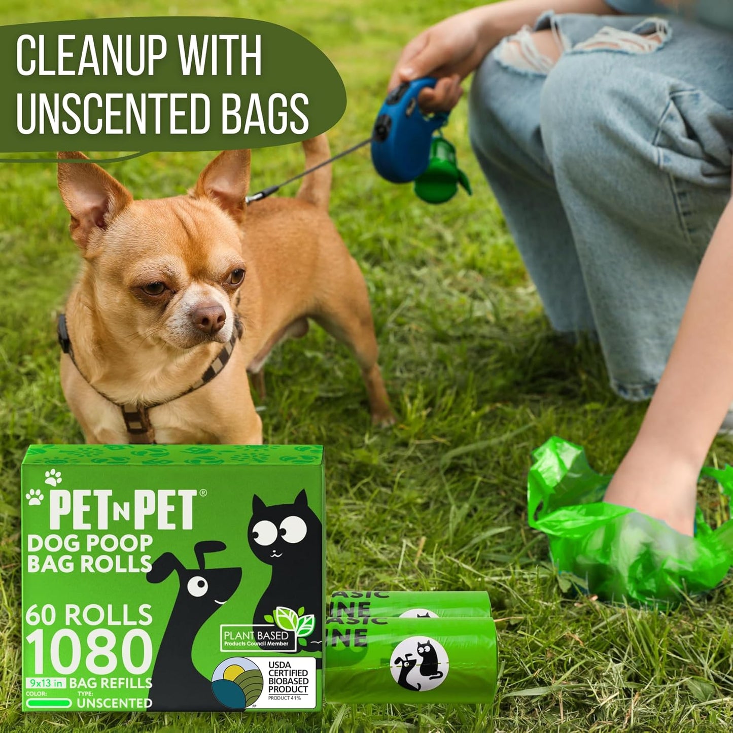 Pet N Pet 1080 Counts Green Poop Bags for Dogs, 41% Plant Based & 59% PE Extra Thick Dog Poop Bags Rolls, 9" x 13", Unscented Pet Waste Bag