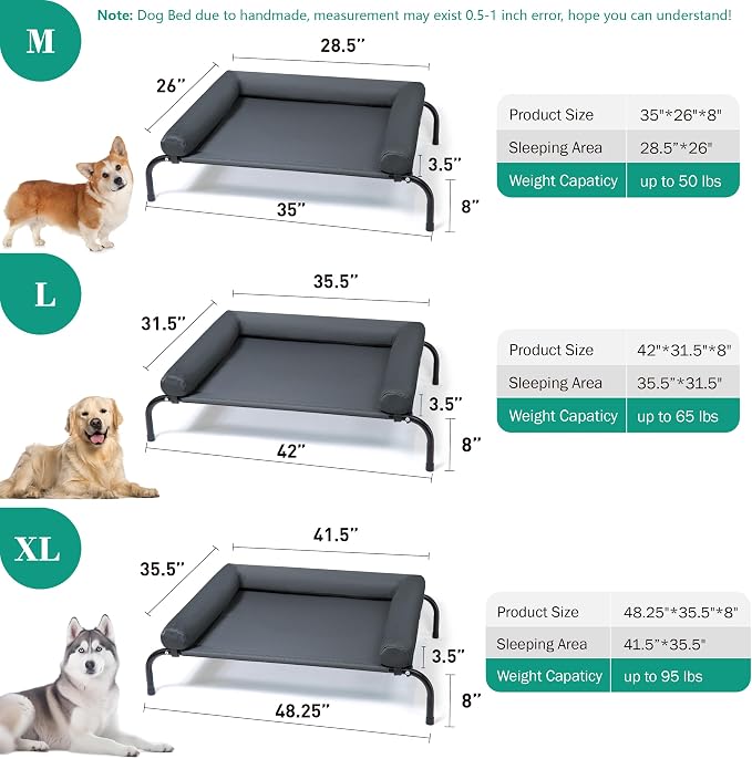 Cooling Elevated Dog Bed with Pillows,Portable Washable Raised Dog Cot Bed with Chew Proof Mesh and Metal Frame,No-Slip Rubber Feet for Indoor & Outdoor Use,Medium,Deep Grey