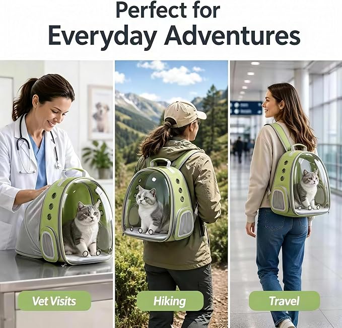 Expandable Cat Carrier Backpack for Cats & Dogs, Bubble Window Pet Travel Backpack with Breathable Mesh, Anti-Collapse Structure, Side Door, Safety Leash, for Vet Visits, Hiking, Outdoor, Light Green