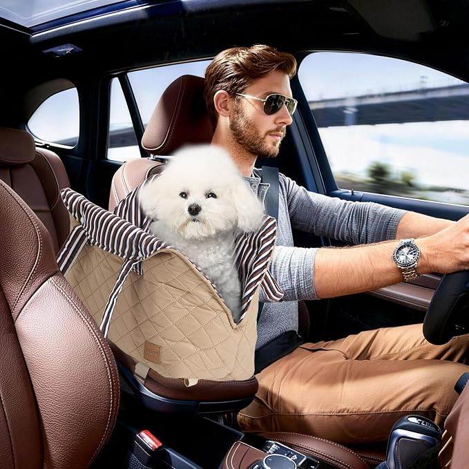 Small Dogs Under 12 lbs Adjustable Portable Center Console Car Seat, Built-in Bubble wrap, Fits Most Cars & SUVs with Convenient Handbag Functionality, Stylish Travel Pet Bag (Beige)