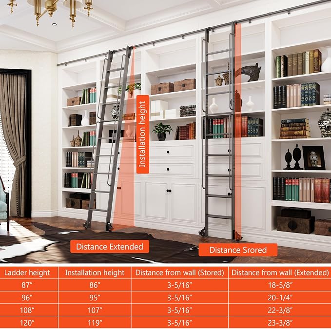 DIYHD 120" Rolling Library Ladder with Handrail, 4FT Sliding Rail, Black | 10-Step lightweight ladder with space-saving upright storage, Telescopic top hooks, Locking bottom rollers, 300lbs capacity