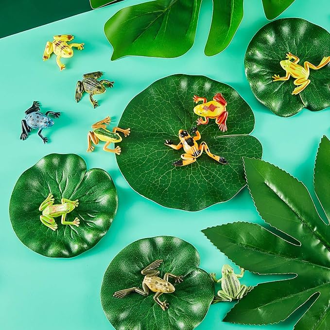 Hungdao 72 Pieces Mini Plastic Frog Toys and Artificial Lily Pads, Include Colorful Realistic Frogs Rainforest Animals Figures Character Toys and Floating Foam Leaves for Pool Decor Party Favor
