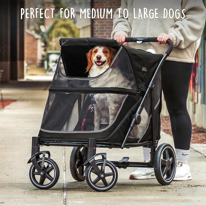 CANINE CANYON Denver Dog Stroller for Large & Medium Dogs- Easy Fold All-Terrain Pet Stroller for 2 Dogs with Dual Entry, One-Foot Brake, Sunroof & Breathable Windows, Up to 130 lbs, Black