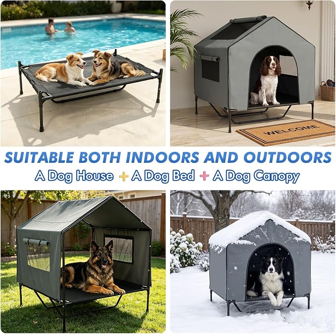 Dog House Outdoor, 43" Tall 3-in-1 Elevated Dog Bed with Roof | 4-Side Breathable Mesh Window, Dog Shelter for Large Dog Breeds Outside, Dog Tent with Canopy, Weatherproof Waterproof, 200LB