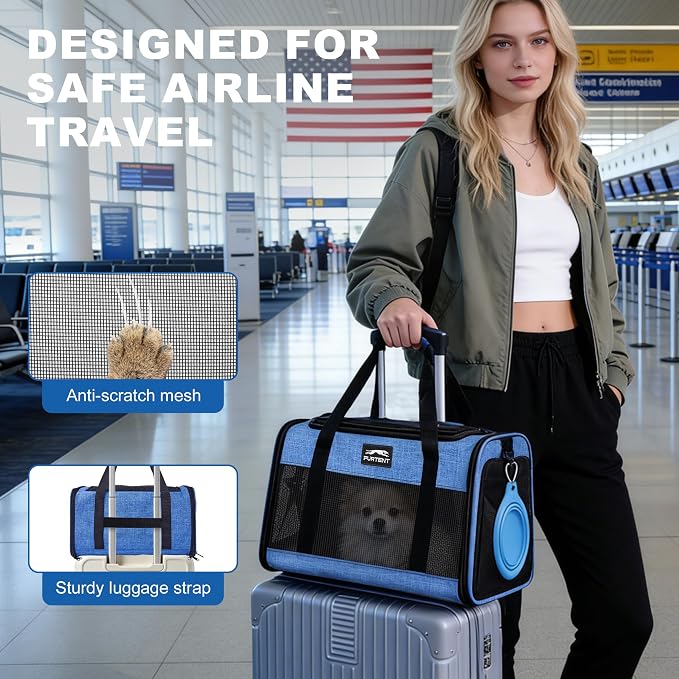 Pet Carrier Airline Approved, Soft Sided Cat Carrier for Small Pets up to 13 lbs, TSA Approved Dog Travel Bag, Portable Soft Sided Pet Carrier for Kittens and Puppies (Blue, Folding Bowl)