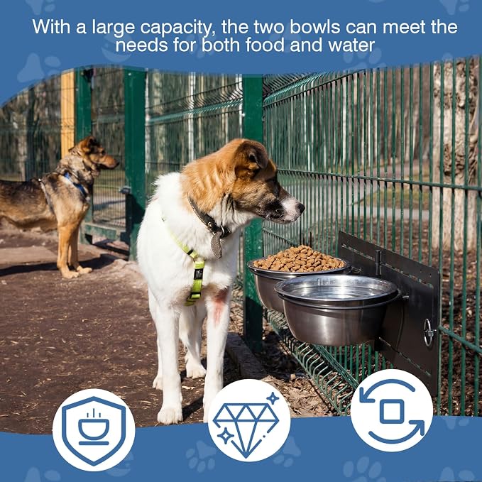 LemonRoad 2 Pcs 57oz Stainless Steel Dog Kennel Swivel Feeder Bowls with Swivel Gate Mountable Dog Feeding Station(23.6" X7") for Large Medium Dogs Feeding Cages Crate Outdoor Kennel