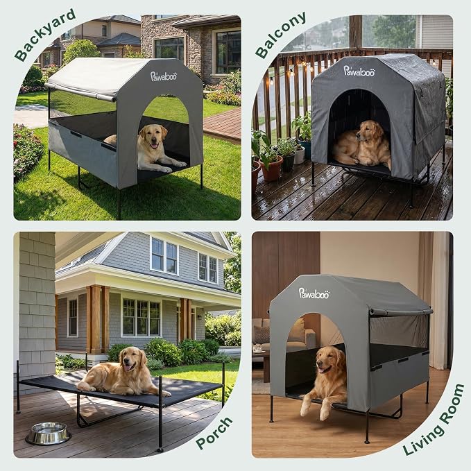 Pawaboo 47" XL Dog House Outdoor Weatherproof, with Breathable Mesh Windows | Elevated Dog Cot Bed Dogs Tent Shade, Indoor/Outdoor Sunshades Large Dogs Shelter, Grey