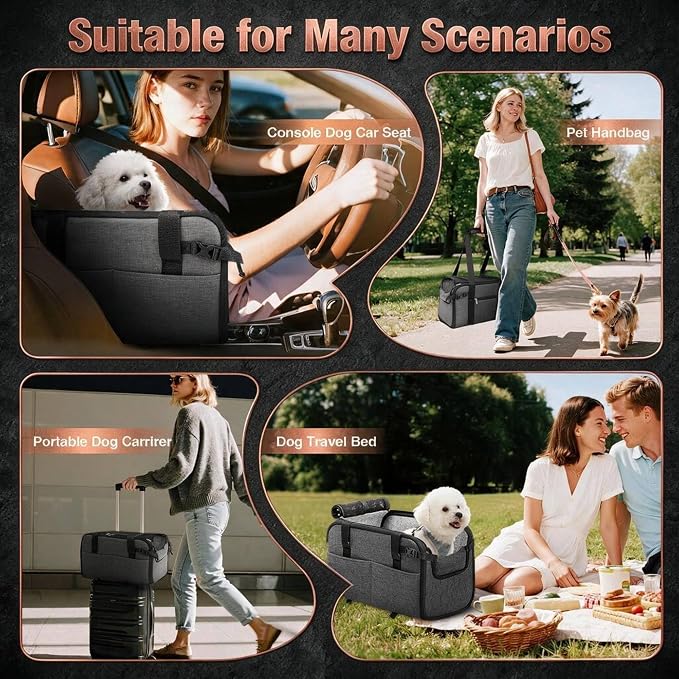 YUDODO Large Dog Car Seat for Center Console 10-18lbs, PU Booster Bed | Portable Puppy Cat Seat, Waterproof, Wipe Clean, Safe & Durable, Side Pockets, for Truck & SUV-Width>9.5in, Anti-Slip, Gray