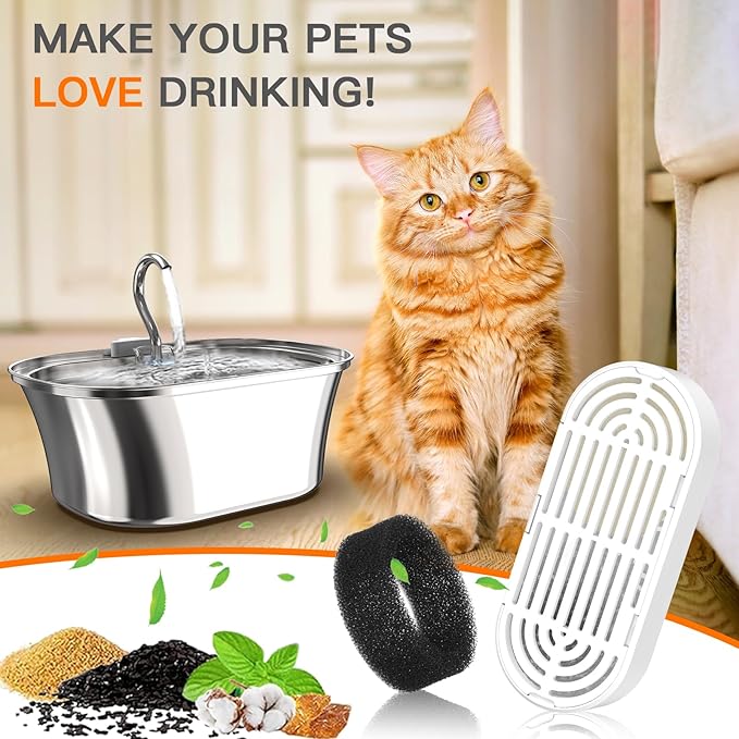 Cat Water Fountain Filters for 108/3.2L& 4L/134oz Stainless Steel Pet Water Dispenser Fountain Filters(9 Filters& 9 Sponges)