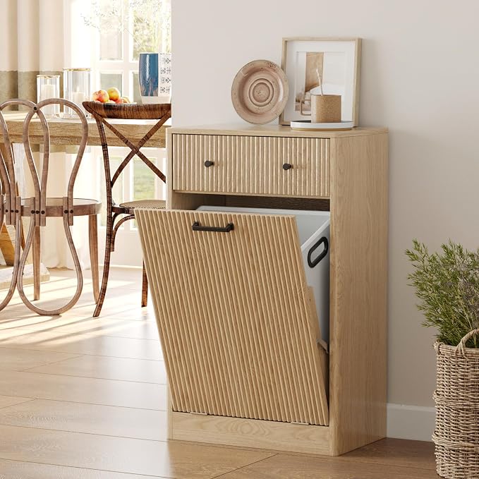10 Gallon Tilt Out Trash Can Cabinet with Drawer - Modern Fluted Hidden Garbage Bin Holder, Curved Edge Wooden Laundry Hamper Cabinet, Natural Oak