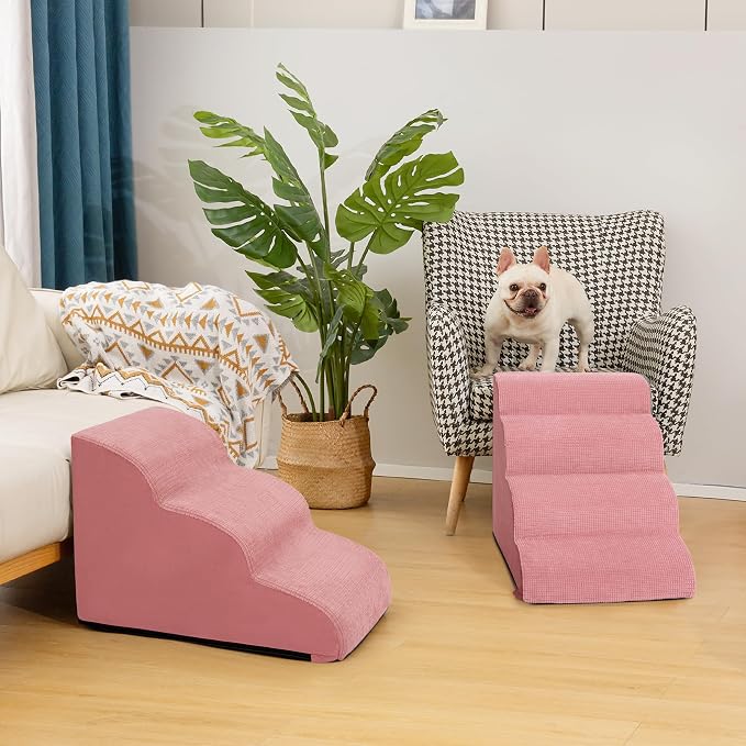 4-Step Dog Stairs for Bed or Couch, Pink Pet Ramp for Small Dogs, Cats | Aodisman Elegant Pink Dog Ramp Designed for Dogs and Cats, Ideal for Beds and Couches, Providing Comfortable Access, 17.7" H