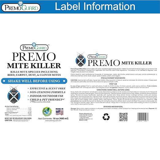 Premo Guard Natural Mite Spray – 16 oz Bottle – Plant Based Treatment for Dust, Spider, Carpet, Bird, Rat Mites – Safe for Families, Pet, Home, Bedding & Furniture When Used As Directed
