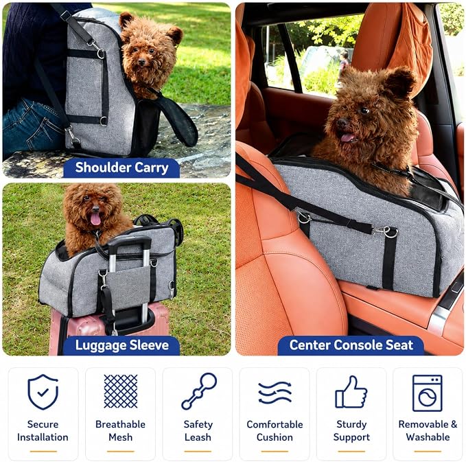 Dog Car Seat for Small Dogs & Cats, Center Console Pet Carrier with Foldable Top Window, Non-Slip Safety Straps, Portable Travel Backpack