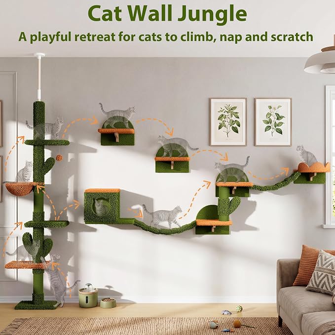 Cactus Cat Climbing Furniture Set with Floor to Ceiling Cat Tree | 5 Tier Cat Tower Adjustable Height (87-104in) and Wall Mounted Cat Shelves, with Cat Scratching Posts, House, Condo, Green