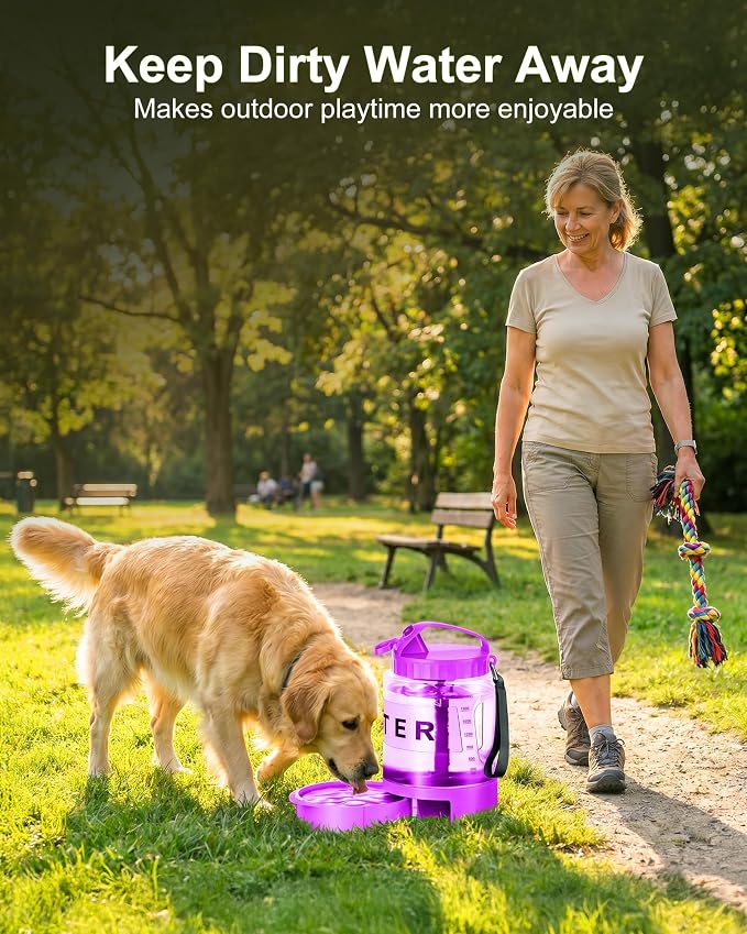 77oz Dog Water Dispenser, 2.2L Large Portable Dog Water Bottle with Pull-Out Drinking Bowl, BPA Free Leak-Proof Pet Travel Water Container for Camping, Hiking, Beach, Car Travel Essentials- Purple
