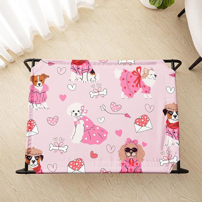 QOOMO Elevated Dog Bed with Cooling Fabric, Pet Cot for Small and Big Dogs, Indoor and Outdoor Use, Joint Relief, Cute Printed Cushion Included (Princess Dog, 35.43" L*25.59" W*8.27" Th)