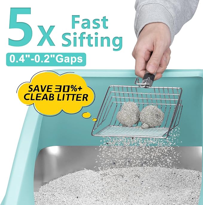 AIPERRO Stainless Steel Litter Box | XL Enclosed Cat Litter Boxs with Lid for Big Cats | High Sided, Anti-Urine Leakage | Non-Stick Bottom & Includes Litter Mat & Metal Scoop (Turquoise, X-Large)