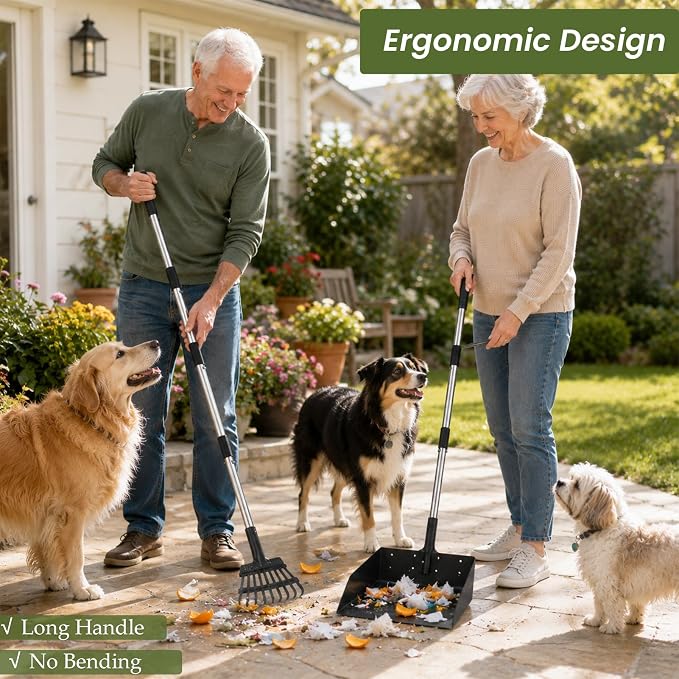 T2Y Dog Pooper Scooper for Multi-Dog Family, Long Handle Rake & Large Tray | 48" Tall No-Bend | 9.4'' Large Tray | Stainless Steel | Adjustable | Works on Grass, Gravel & Dirt | Easy to Install