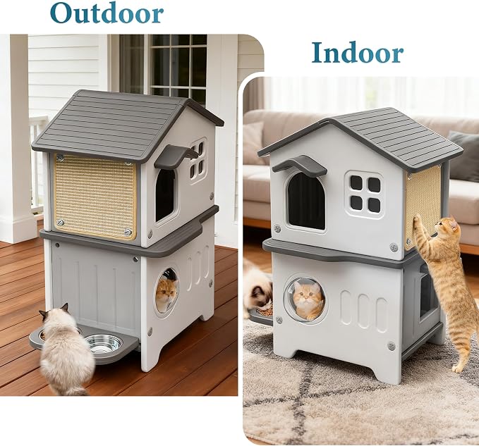 Cat House Outdoor Weatherpoof Plastic Cats Houses 2-Story | with Elevated Cat Bowls, Cat Scratch Pads and Escape Door, Indoor Waterproof Feral Cat Shelter Outside for Multiple Cats