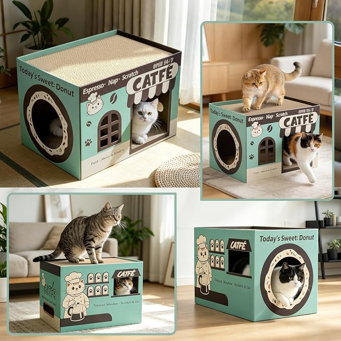 ARGOPET Cardboard Cat Scratcher House, Cozy Cardboard Design with 2 PCS Scratching Pads, Cat Scratcher Box & Bed, 17-Inch Corrugated Cat Scratcher, Safe and Secure for Kittens, Easy to Assemble(Green)