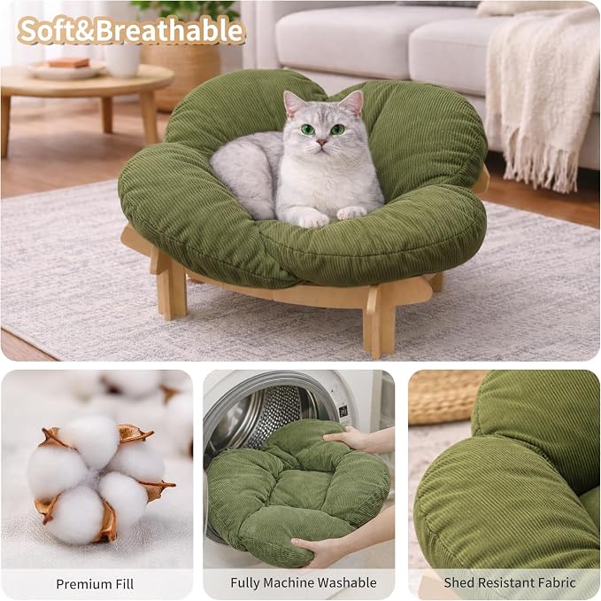 Elevated Wooden Cat Bed with Fluffy Removable Cushion, Modern Petal Shaped Cat Couch Sofa for Indoor Cats Small Dogs 40lbs Capacity Easy to Assemble (Green)
