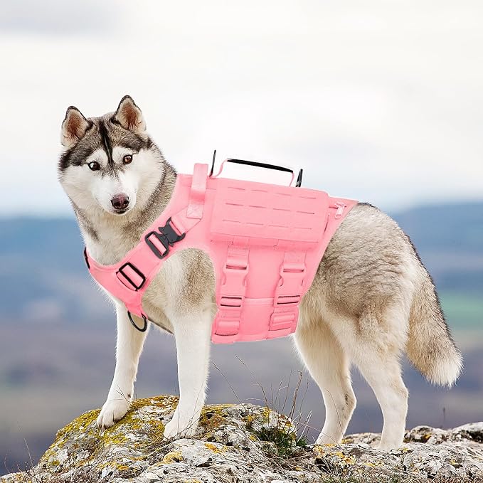 AIWAI Tactical Dog Harness with Handle for Large Dogs,2X Metal Buckle, Dog MOLLE Vest with Pockets,No Pull Adjustable Pet Harness, Easy Control Dog Vest Harness for Working Training (Pink, XL)