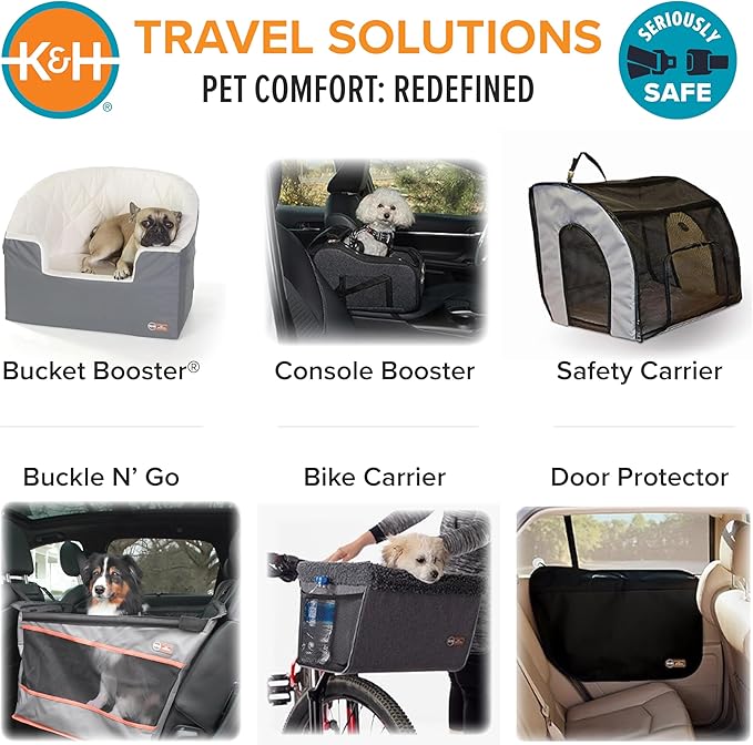 K&H Dog Car Seat, Portable Pet Center Console Seat, for Pets Under 8 lbs. | Secure Armrest Booster Cat Carrier with Safety Tether, Zippered Enclosure, 2 Pockets, Washable Plush Pad, 15x10x9.5, Charcoal