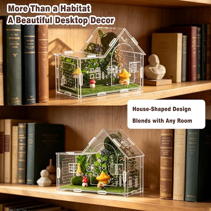 Acrylic Jumping Spider Enclosure Kit 16PCS with Decor | 16-pc mossy forest decor with mushrooms, stones, hideout, for mantis & tarantula