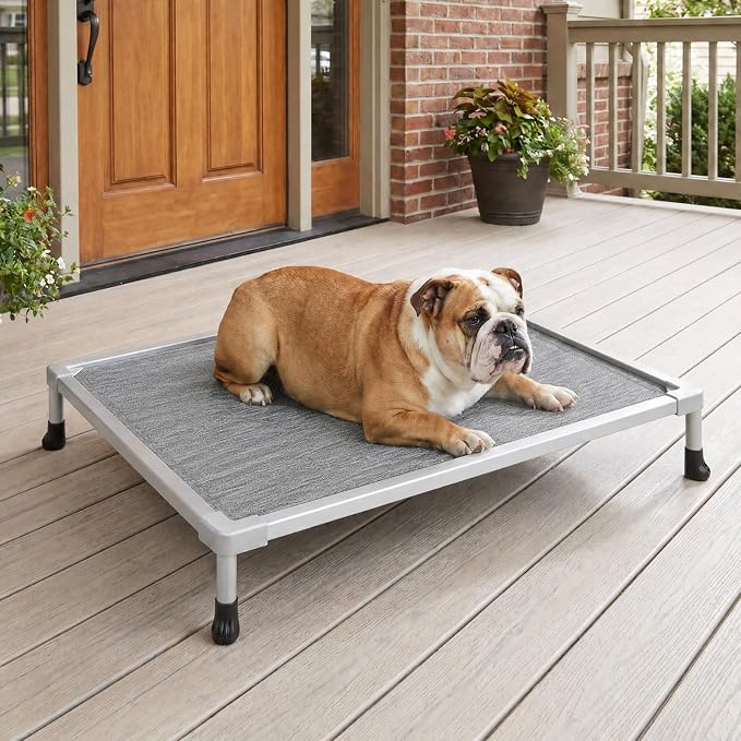 Veehoo Chew Proof Elevated Dog Bed, Silver Aluminum Dog Cot, Pre-Assembled | Cooling Raised Dog Bed for Small Medium Dogs, Indestructible Dog Bed for 36" Crate, Breathbale, Non-Slip Feet, Indoor Outdoor