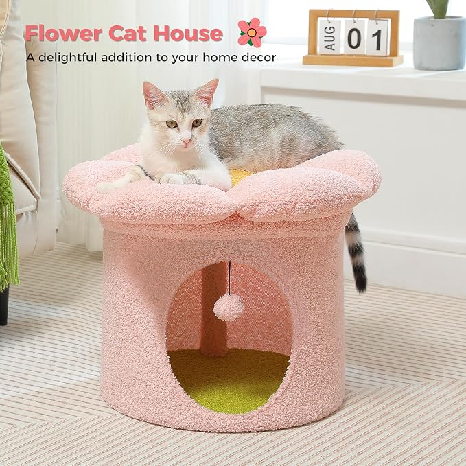 PETEPELA Cat Beds for Indoor Cats, Small Cute Cat Tree House with Removable Flower Cat Bed, Cat Hideaway, Indoor Cat House Condo, Cat Accessories, 20X20X16 Inches, Pink