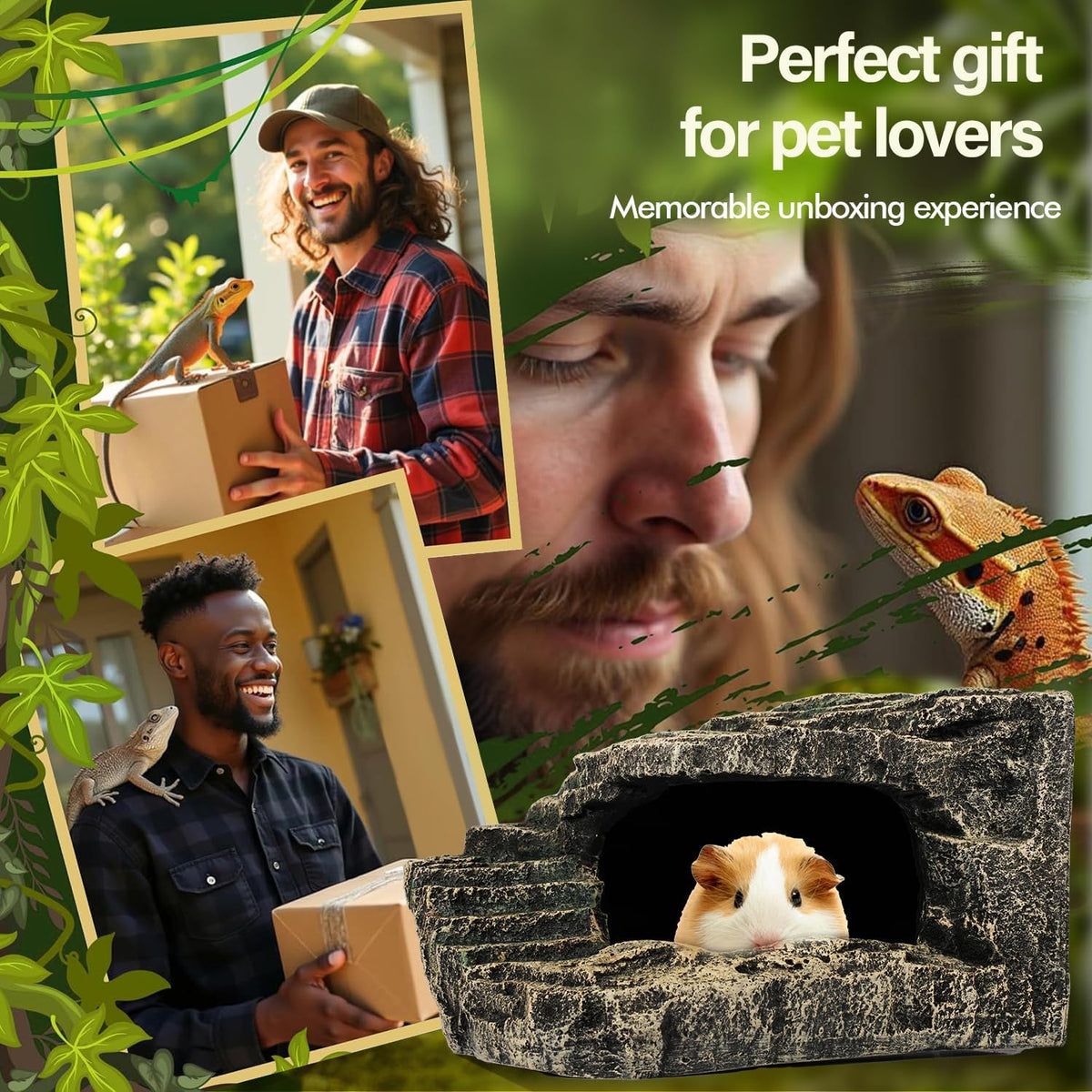 Reptile Hide, Great for Geckos, Snakes, Bearded Dragons & Lizards. with Steps for Reptile Rock Climbing, It Doubles as Aquarium Rock Cave Corner Reptile Cave for Climbing Hiding. (Stone, A-XLarge)