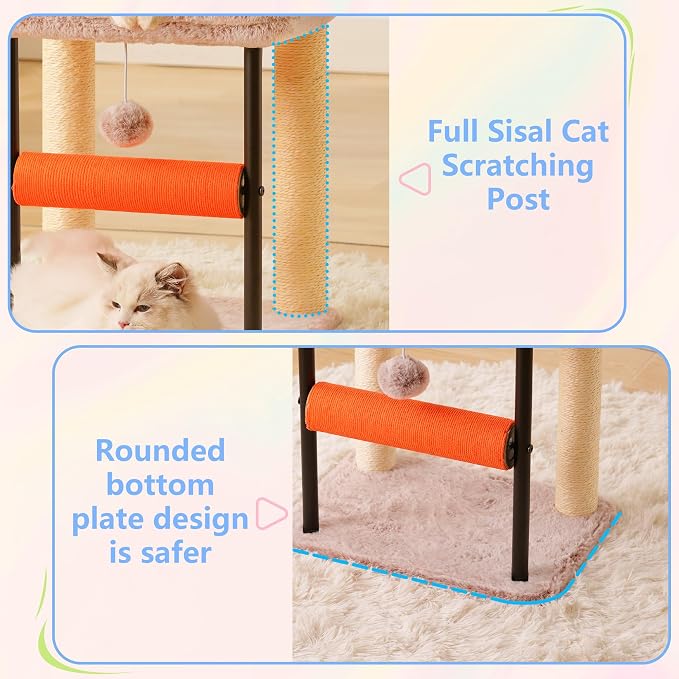 Hey-brother Cat Tree Tower with Rolling Scratching Post, Spacious Plush Platforms, Fully Sisal-Wrapped Column and Plush Toy Ball, Sturdy Bed for Indoor Kittens, 18.9 inches, Muchroom MPJ010SMU
