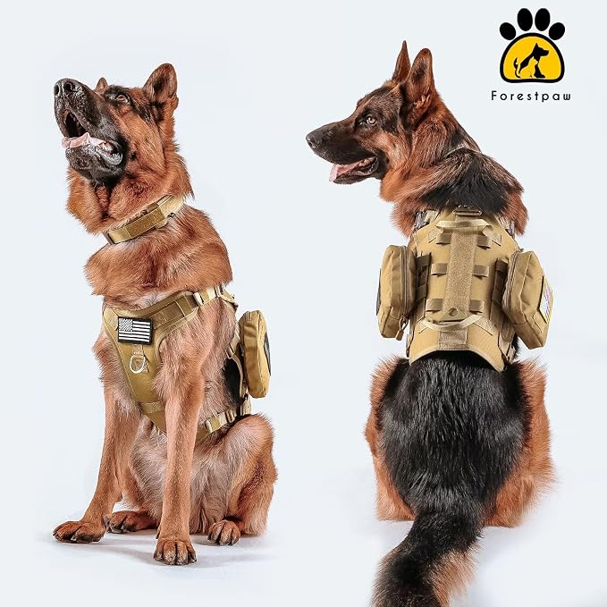 Forestpaw Tactical Dog Harness Collar Bungee Leash Set,L,Coyote Brown | Adjustable Fits 27-40" Chest,70-140 lbs,No Pull Control Military Style,Quick Release Buckle,Walking for Medium Large Dogs