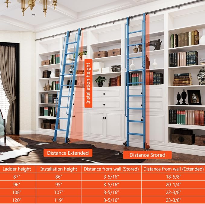 DIYHD 108" Rolling Library Ladder with Handrail, 4FT Sliding Rail, Blue | 9-Step lightweight ladder with space-saving upright storage, Telescopic top hooks, Locking bottom rollers, 300lbs capacity