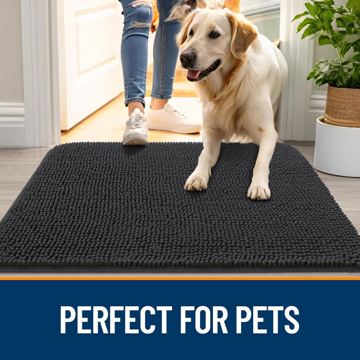 OLANLY Dog Door Mat for Muddy Paws 47x32, Absorbs Moisture and Dirt, Absorbent Non-Slip Washable Doormat, Quick Dry Chenille Mud Mat for Dogs, Entry Indoor Entryway Carpet for Inside Floor, Dark Grey