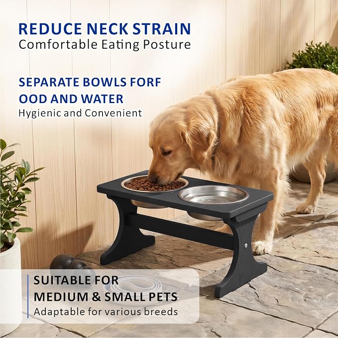Raised Dog Bowl Stand for Medium Breed, Feeding Station with 35 oz 2 Stainless Steel Bowls & Licking Plate,Dog Food Bowl Black