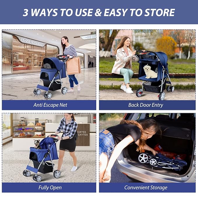 Unisakey 4 Wheels Pet Stroller for Small Medium Dogs Cats 10-33 lbs, Foldable Dog and Cat Stroller with Cup Holder & Storage Basket & Breathable Mesh, Pet Strolling Cart for All-Season, Navy Blue