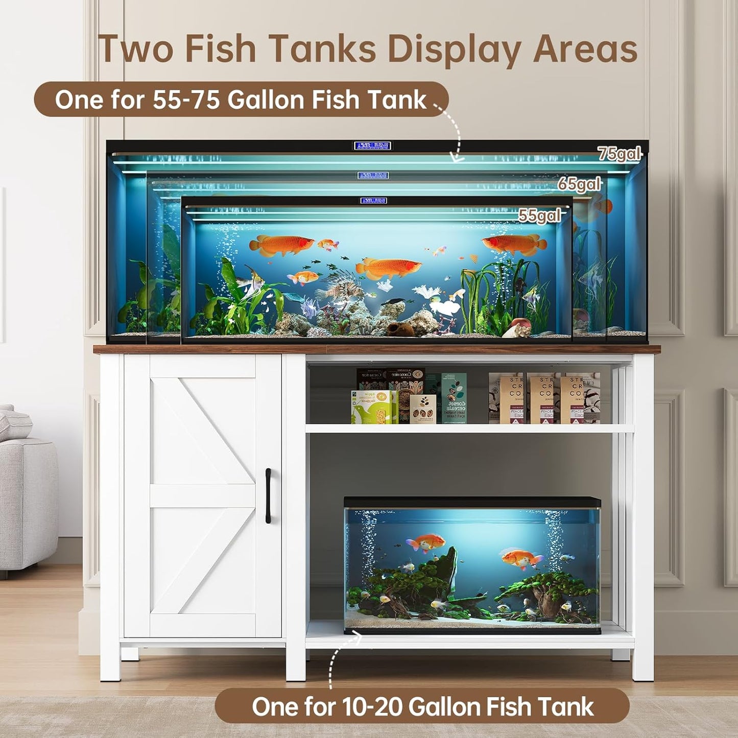 55-75 Gallon Fish Tank Stand with Power Outlet & Adjustable Shelf, Heavy Duty Aquarium Stand with Cabinet Storage for Fish Tank, Turtle Tank, Reptile Terrarium, 1000LBS Capacity, White