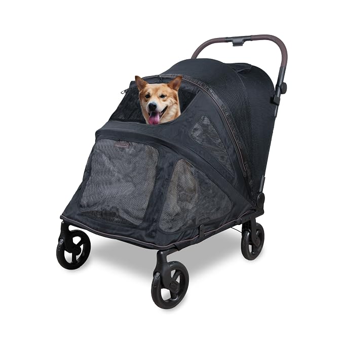 WonderFold Hudson Pet Stroller for Large Pets - Super FLATFOLD: Even the Wheels Fold in - Black, Large
