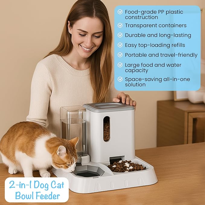 Automatic Pet Feeder & Water Dispenser β 2-in-1 Large Gravity Dog & Cat Food Feeder Water Bowl β Easy to Clean, No Power Needed β Durable, Non-Slip, Indoor/Outdoor Pet Station (Grey)