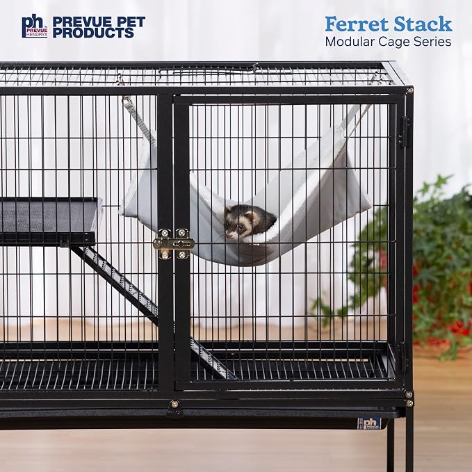 Prevue Pet Products Ferret Stack One Story Ferret Home - Portable Stand, Escape Proof Lock, Includes Hammock & Ramp, Expandable Add-On Cage Stacking System with Wheels - Black