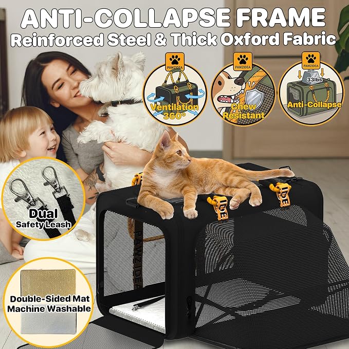 PAWZIDEA Large Pet Carrier Expandable, 24"×16"×16" Soft-Sided Cat Carrier for 2–4 Cats up 55lb, Portable & Collapsible Small Medium Dog Travel Crate for Car, XL Storage Pocket, ID Card, Shoulder Strap