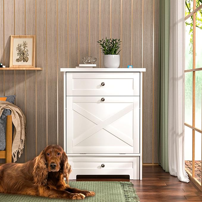 Dog Feeding Station with 2 Elevated Bowls,Hidden Pet Feeder Station with Tilt Out Dog Food Storage Cabinet,Dog & Cat Storage Organizer with Drawer,White