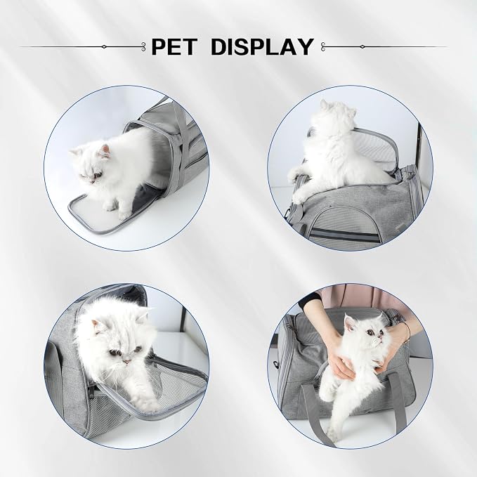 FluffyDream Pet Travel Carrier Soft Sided Portable Bag for Cats, Small Dogs, Kittens or Puppies, Collapsible, Durable, Airline Approved, Travel Friendly (Grey, 17.0" L x 10.0" W x 11.0" H) (Grey)
