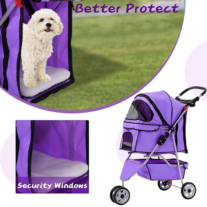 Pet Stroller for Small Medium Dogs & Cats,3-Wheel Breathable Compact Foldable Dog Carrier with Storage Basket, Outdoor Portable Lightweight Travel Stroller for Camping,Purple