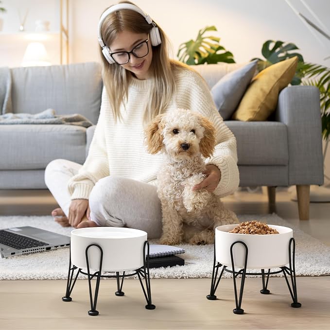 Elevated Dog Bowl, Ceramic Raised Dog Bowl with Anti-Slip and Non-Tip Metal Stand, 1 Pack Pet Food and Water Feeding Bowls for Small and Medium Dogs (White,3.6 Cups)