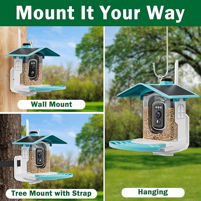 Jarkyfine Smart Bird Feeder with Camera Solar Powered - AI Bird Identification, 2K HD Video Live Stream Camera, 3MP Photos, 2.9in Focus, Gifts for Mom Dad Birdlovers, Blue