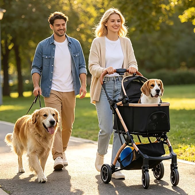 Dog Strollers for Small Medium Dogs and Cats 45 lbs, 3-in-1 Pet Stroller with Removable Carrier, 4 Wheels One-Hand Fold Travel Carriage with Storage, Cup Holder and Car Seat, Black