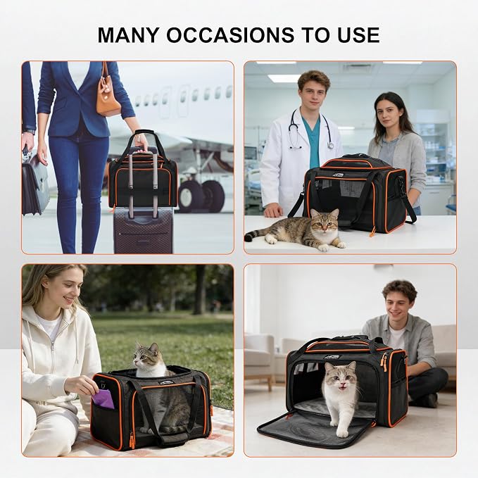 Cat Carrier Soft Expandable Pet Carrier Top & Sides Expandable Airline Approved 360° Ventilation Soft-Sided Cat Carriers Pet Travel Bag with Breathable Mesh Built-in Safety Leash & Reversible Cushion