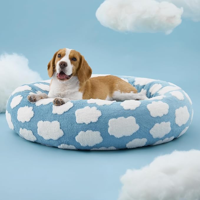 LE SURE Shown on TV Jacquard Donut Dog Beds Large Sized Dog,Blue 33x33x8in | Orthopedic Calming Pet Bed Sofa,Original Design Pattern,Washable Cover,Cute Home Decor as Gift for Pet,Anti Slip Bottom